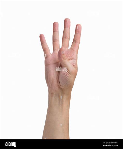 Close Up Of Man Hand Showing Four Fingers With White Background Stock