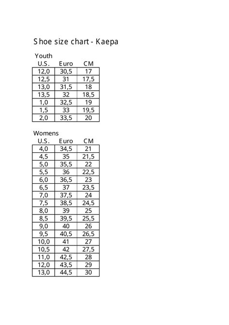 Sample Youth and Women Shoe Size Chart - Kaepa Download Printable PDF ...