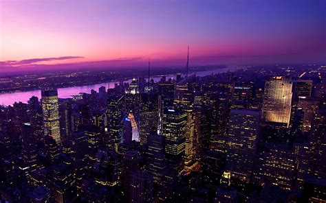 City buildings during night time, New York City, sunset, city ...