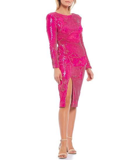 Dress The Population Natalie Boat Neck Long Sleeve Sequin Sheath Dress Dillards