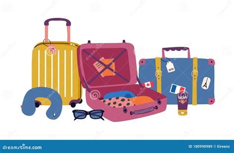 Vector Set With Travel Elements Luggage Bags Suitcases Sunglasses