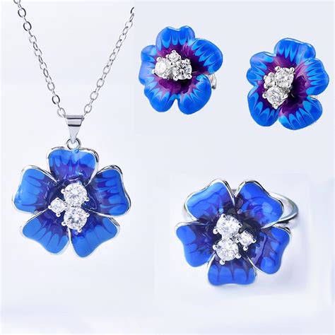 Buy Pcs Set Bohemia Style Enamel Blue Flower Shaped Ring Earrings