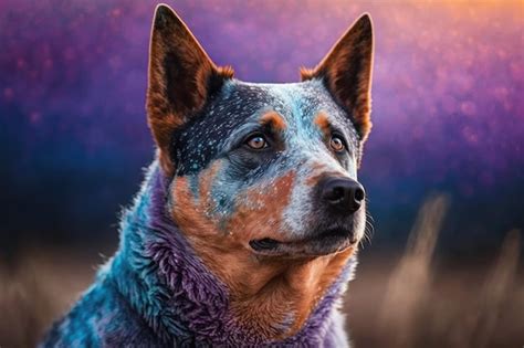 Cão boiadeiro australiano plano de fundo explosão de luz azul roxo