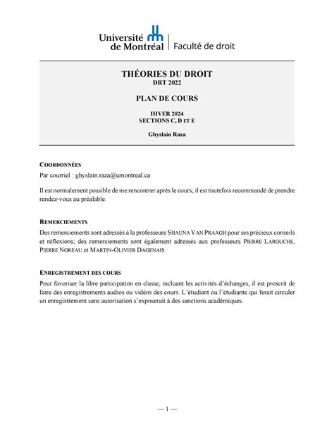 Plan De Cours Plan Th Ories Du Droit Drt Plan De Cours Hiver