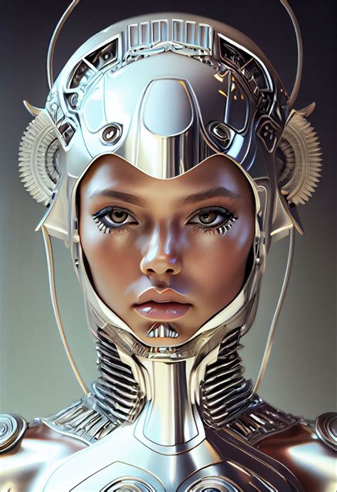 A Woman In A Futuristic Suit With Metal Parts On Her Head And Shoulders