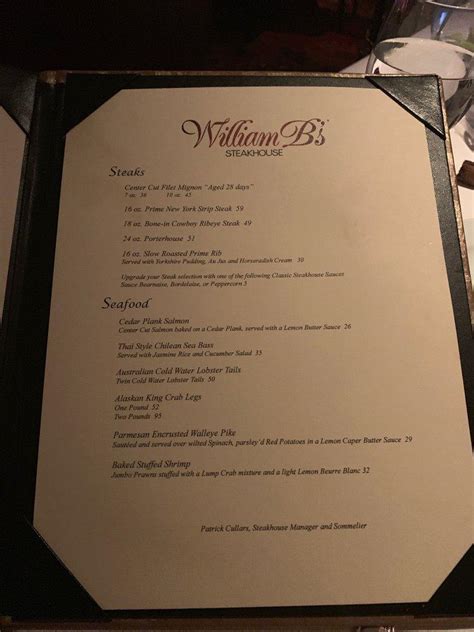 Menu At William B S Steakhouse Michigan City