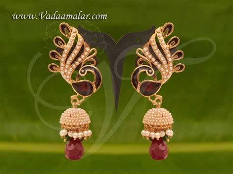 Earring Peacock Design With Enamel Ear Stud Indian Traditional Jimiki