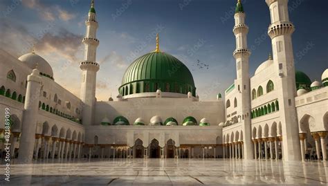 Generate An Image Depicting The Beautiful Masjid Nabvi In Madina City