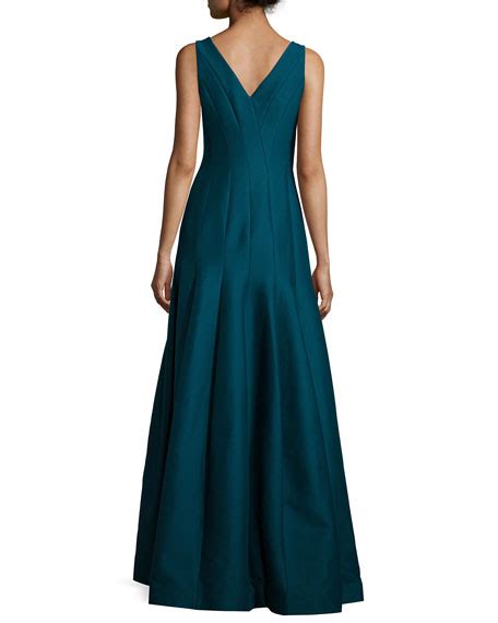 Halston Heritage Sleeveless V Neck Structured Gown Deep Sea