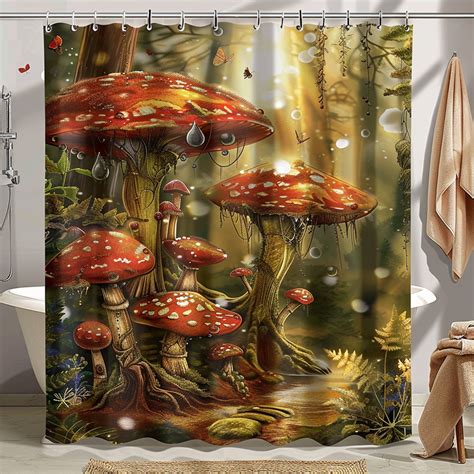 Enchanted Mushroom Forest Shower Curtain Vibrant Woodland Design With