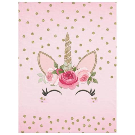 Gold Glitter And Pink Floral Unicorn Trendy Fleece Blanket Zazzle