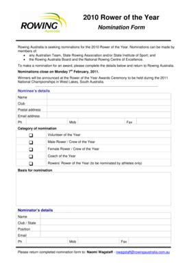 Fillable Online Rower Of The Year Nomination Form Rowing Australia