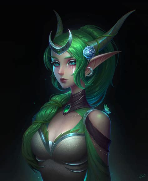 Fantasy Girl Ysera Women Warcraft Fan Art World Of Warcraft Fantasy Art Horns Green Hair