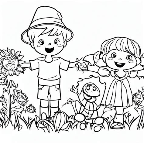 Coloriage Petite Fille et Épouvantail télécharger et imprimer gratuit