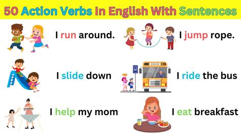 50 Action Verbs In English With Sentences Action Verbs Vocabulary