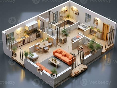 AI generated 3D floor plan of an open concept living apartment layout