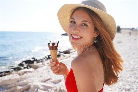 Close Up Of Attractive Bikini Woman With Hat Holding Ice Cream Cone Italian Gelato Turns Around