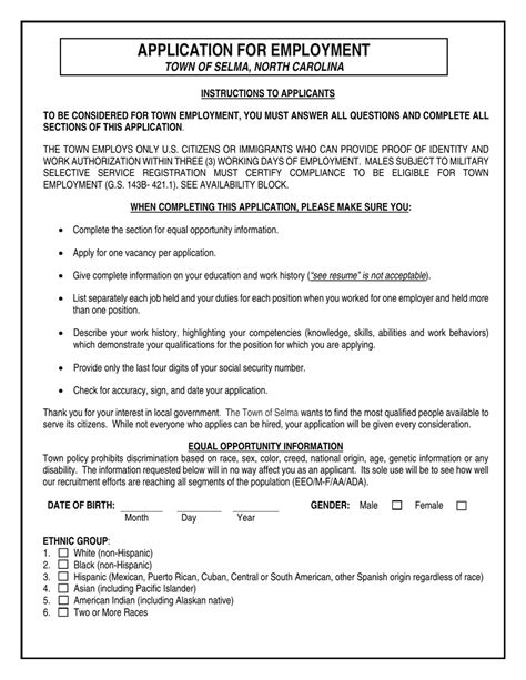 Town Of Selma North Carolina Employment Application Fill Out Sign