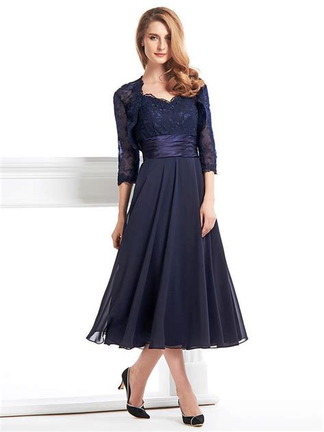 A Line Mother Of The Bride Dress Dark Navy Tea Length 34 Length