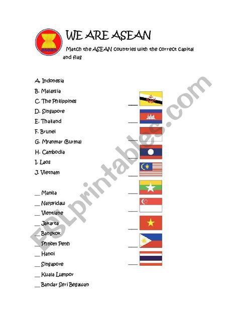 ASEAN nations capitals and flags - ESL worksheet by irelish