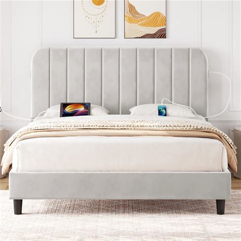 Topeakmart Queen Size Upholstered Platform Bed With Built In Usb Ports