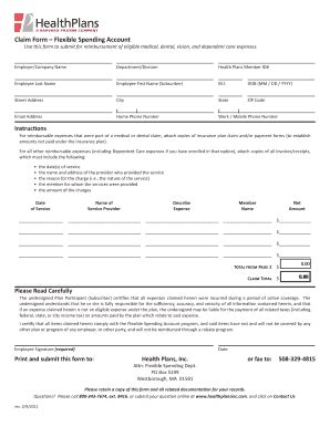 Fillable Online Claim Form Flexible Spending Account Health Plans Inc