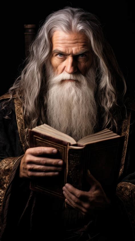 Wise old wizard with flowing white beard gazes intensely, ancient tome ...