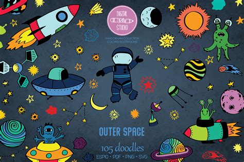 Outer Space Color Hand Drawn Planets Astronaut Alien UFO By