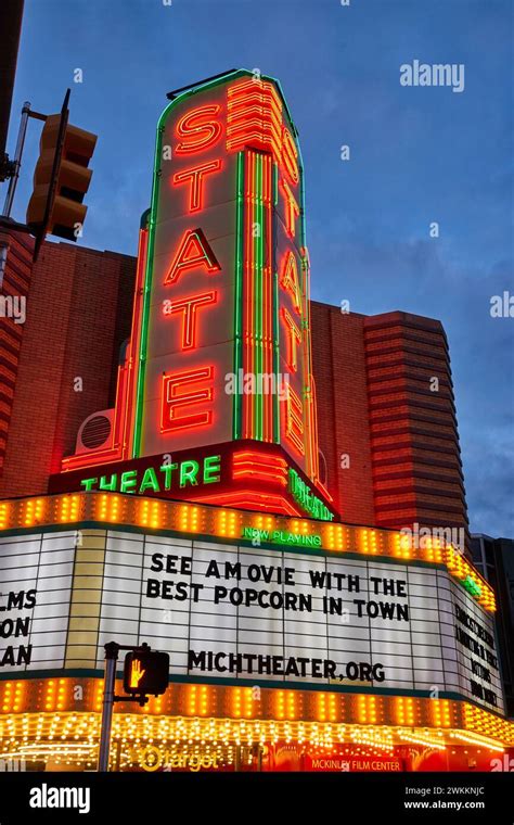 Colorful Neon Marquee Of State Theatre At Twilight Stock Photo Alamy