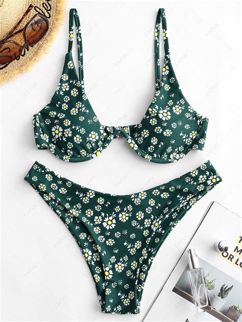 Zaful Daisy Print Underwire High Leg Bikini Swimsuit In Medium Sea