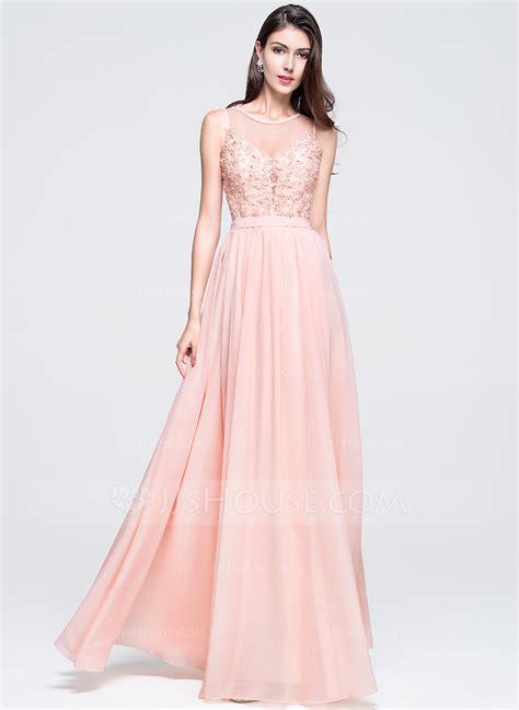 A Line Princess Scoop Neck Floor Length Chiffon Prom Dress With Beading