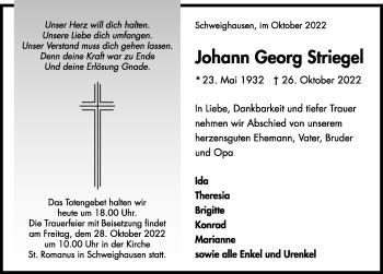 Traueranzeigen Von Johann Georg Striegel Schwarzw Lder Bote Trauer