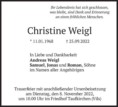 Traueranzeigen Von Christine Weigl Trauer Merkur De