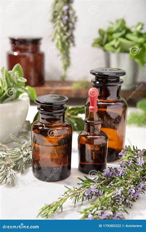 Herbal Essential Oil On Vintage Apothecary Bottles Stock Photo Image