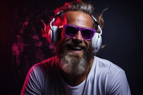 Premium Photo Neon Portrait Of Bearded Smiling Man In Headphones