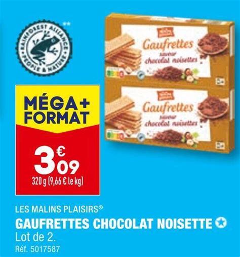 Promo Les Malins Plaisirs Gaufrettes Chocolat Noisette Chez Aldi