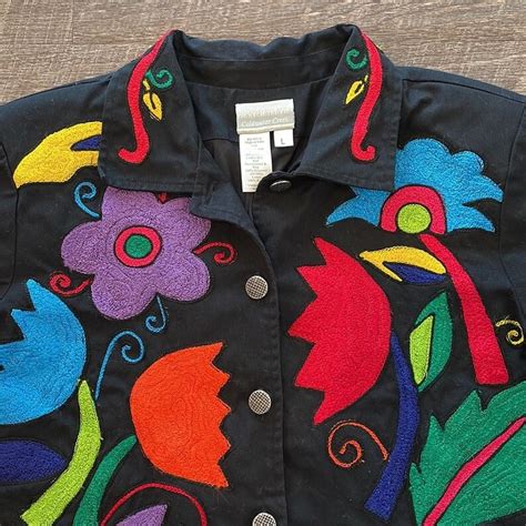 Vintage Coldwater Creek Floral Bird Colorful Embroidered Jacket Black