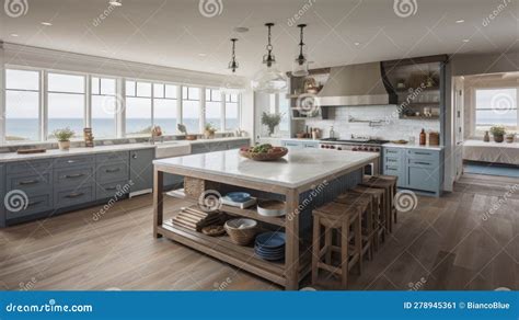 Interior Deisgn Of Kitchen In Coastal Style With Ocean View Stock