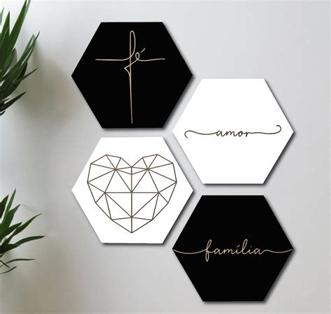 Conjunto 4 Quadros Decorativos Amor Família Fé Hexagonal Elo7