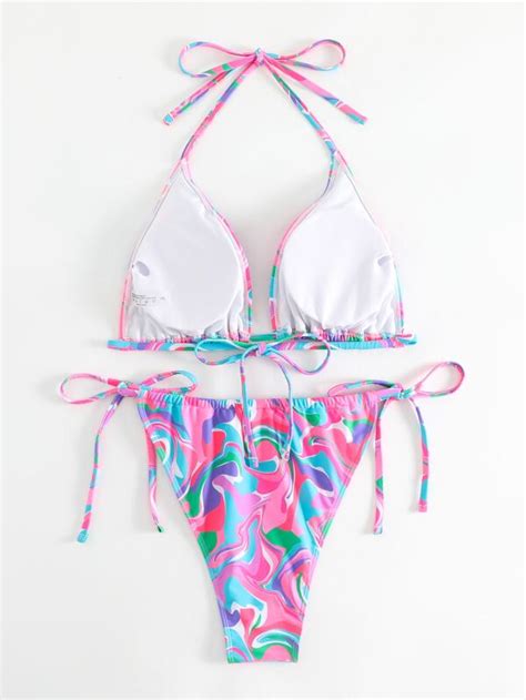 SHEIN Swim Vcay Plus Swirl Print Bikini Set Halter Triangle Bra Tie