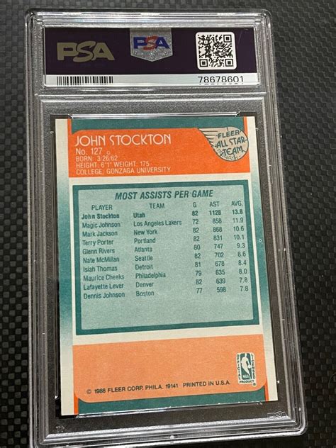 1988 FLEER JOHN STOCKTON 127 ALL STAR ROOKIE RC UTAH JAZZ HOF PSA 7 NM