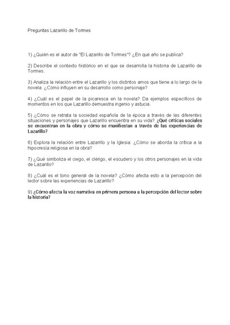 Lazarillo De Tormes Preguntas Y Respuestas 1