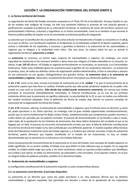 Tema 7 consti Apuntes 7 LECCIÓN 7 LA ORGANIZACIÓN TERRITORIAL DEL