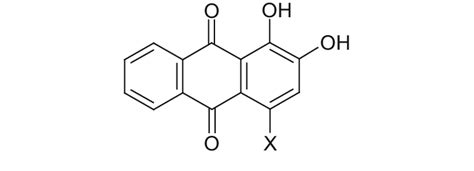 Chemical structure of Alizarin (X=H) and Porpurine (X=OH) | Download ...