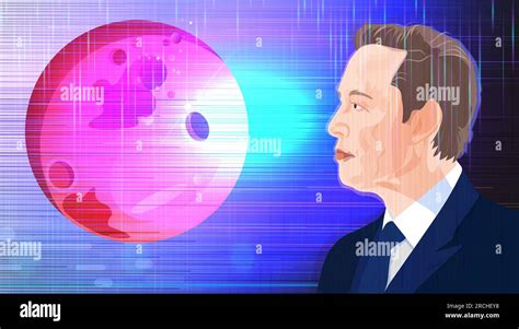 Illustration of Elon Musk and the planet Mars. Famous founder, CEO and ...