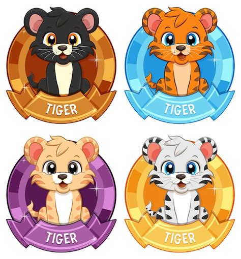 Conjunto De Emblemas De Tigres De Dibujos Animados De Colores Vector