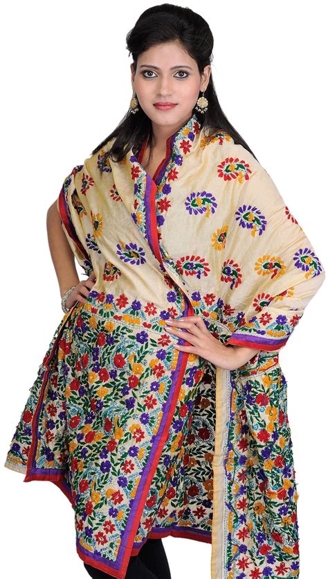 Beige Phulkari Dupatta From Punjab With Aari Embroidered Flowers By