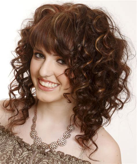 Medium Curly Dark Mocha Brunette Hairstyle With Asymmetrical Bangs And