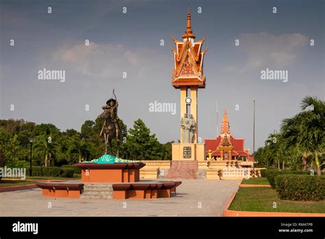 Cambodia, Kampot Province, Kep, statue of Jayavarman II on horseback at ...