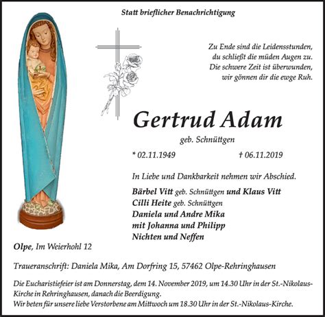 Traueranzeigen Von Gertrud Adam Trauer In NRW De